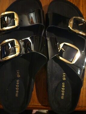 Madden Girl Black Patent Slide Sandals with Gold Buckles